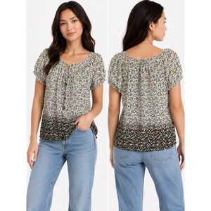 Art and Soul Blouse Womens XL Multicolor Floral Smocked Cotton Boho Peasant Top
